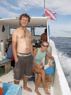 Dasa and Kybi on the boat to snorkeling point