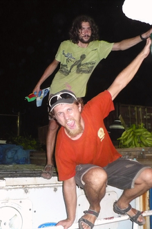 Kybi and Clement on the cargo boat from La Ceiba to Puerto Lempira