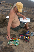 Dennis painting on the beach, Costa Rica